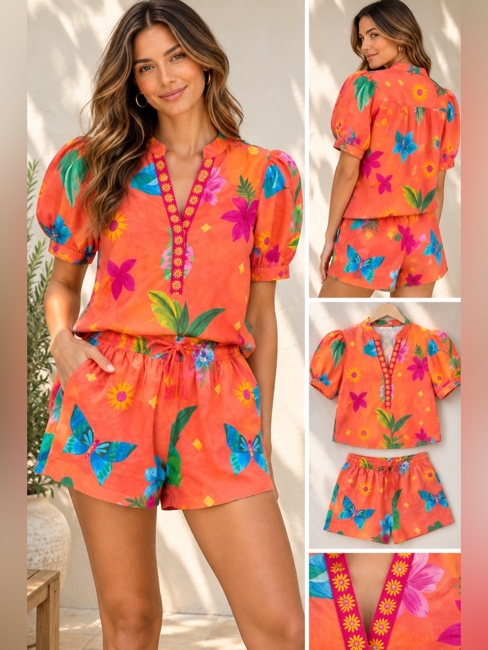 Maude Vivante Coral Tropical Butterfly Print Shorts Size M Resort Vacation NWT